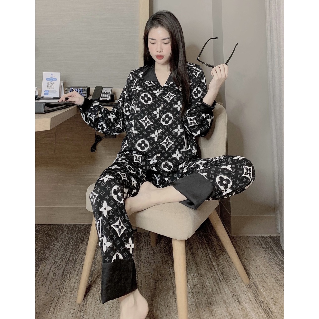 Bộ Lụa Pijama Tay Dài Họa Tiết - Hàng Chuẩn Đẹp