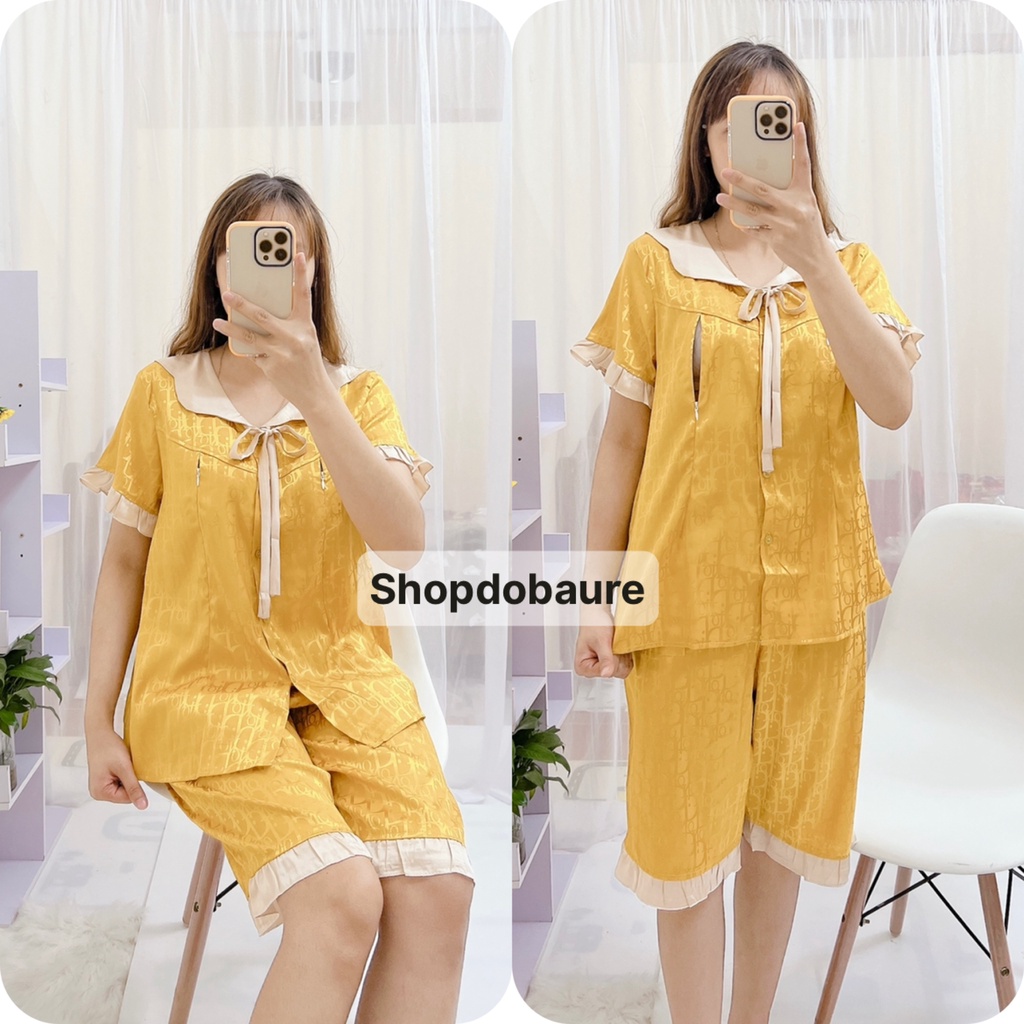 Bộ lụa gấm bầu và sau sinh áo cộc quần lửng MÙA HÈ sang xịn mịn có Nơ cổ - (BL10)