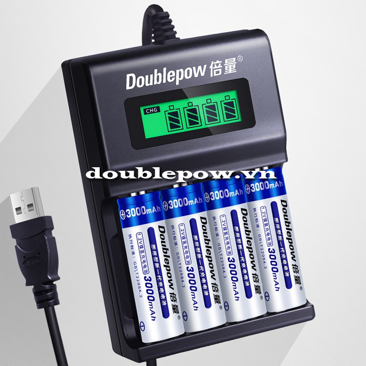 Combo sạc Doublepow DP-UK93B kèm 4 pin tiểu sạc dung lượng cao AA 3000mAh hàng chính hãng