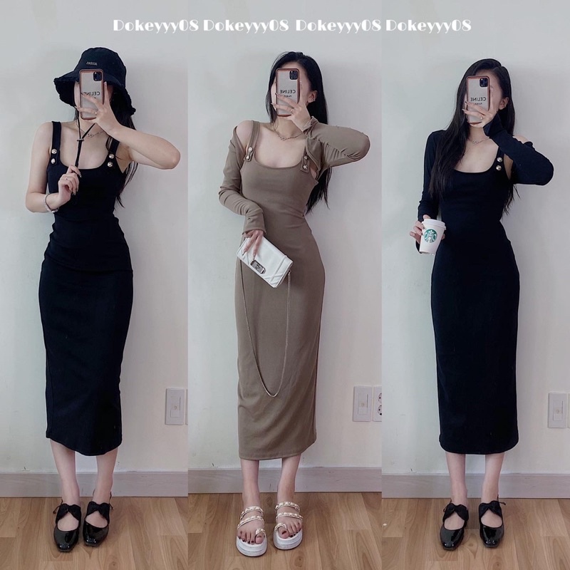Set váy body khuy vai dáng dài co giãn