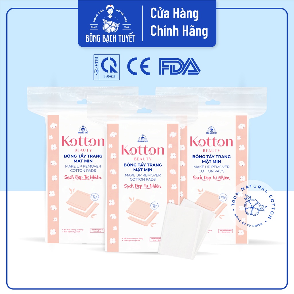 Combo 3 Bông tẩy trang cotton pad Bạch Tuyết mềm mịn 100% bông xơ tự nhiên 180 miếng