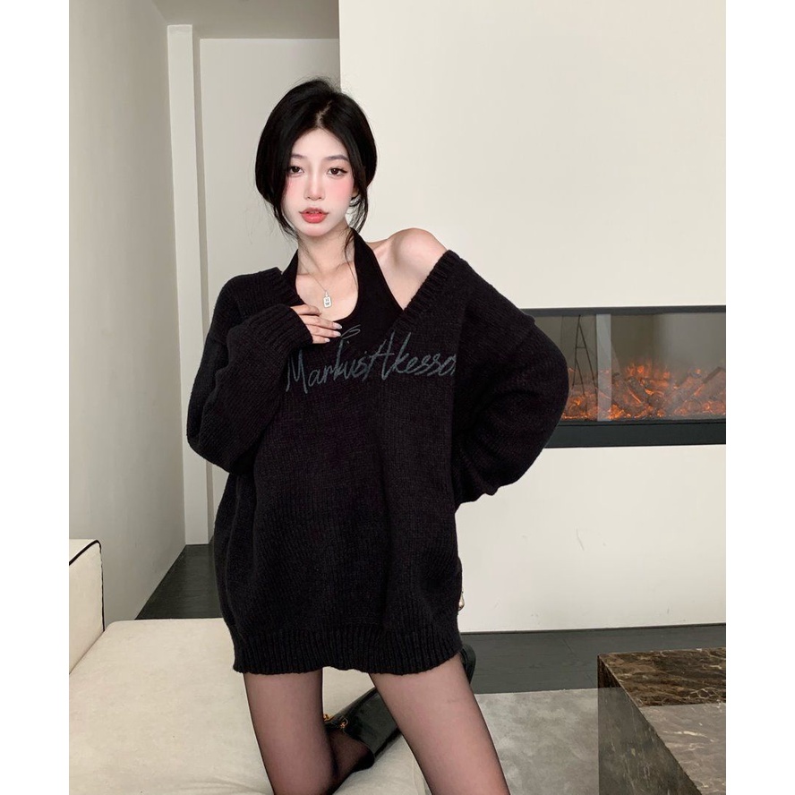 UIOWOO  Bộ Áo Sweater Dài Tay Dáng Rộng + Áo In Chữ Xinh Xắn Dành Cho Nữ