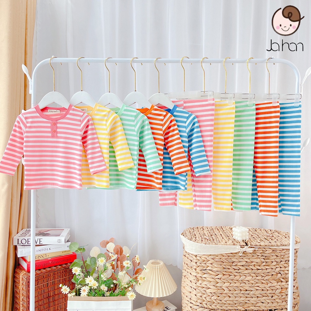 Bộ Dài Tay Cho Bé Trai, Bé Gái MINKY MOM Vải Thun Gân Cổ Trụ Phối Sọc Dễ Thương, Bộ Quần Áo Cho Bé Mặc Nhà TDK