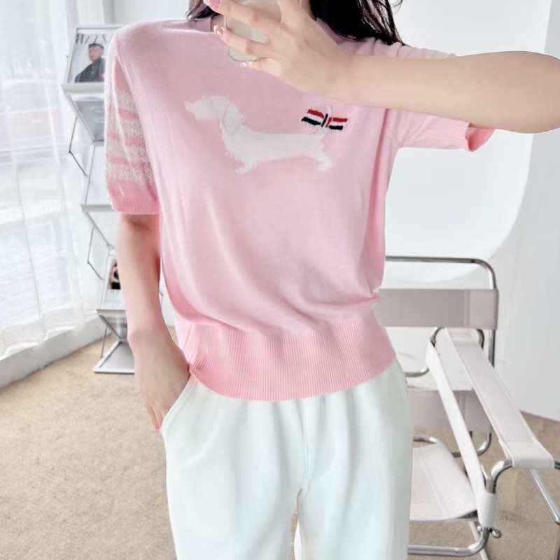 Áo len mỏng tay ngắn dáng rộng in hình con chó thương hiệu Thom Browne cao cấp