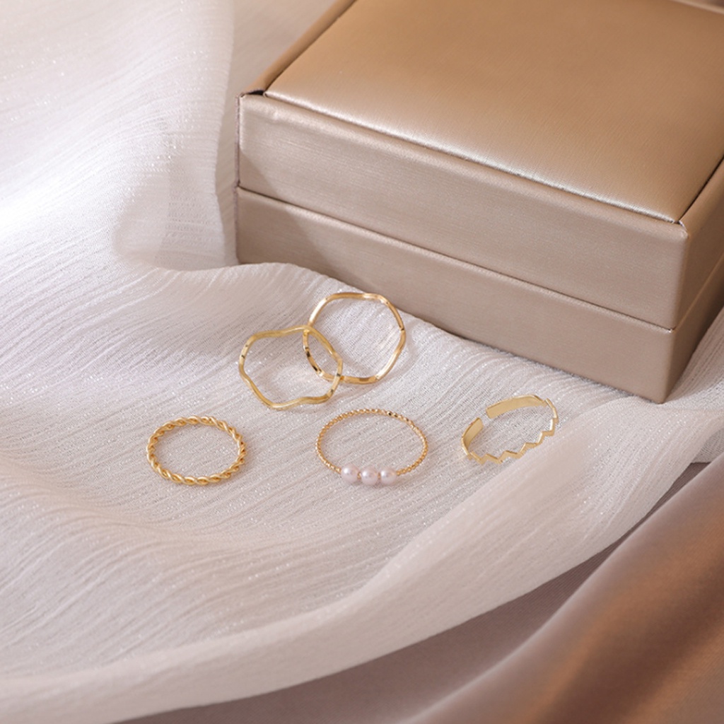 Set 5 nhẫn nữ, bộ 5 chiếc nhẫn đính hạt ngọc cao cấp, phong cách thời trang cá tính