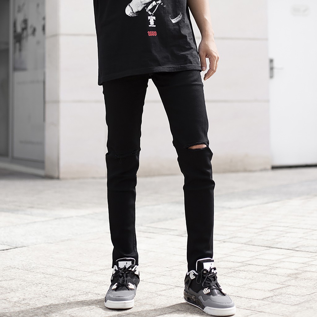 Quần Jean Skinny Đen Rách Ngang Gối