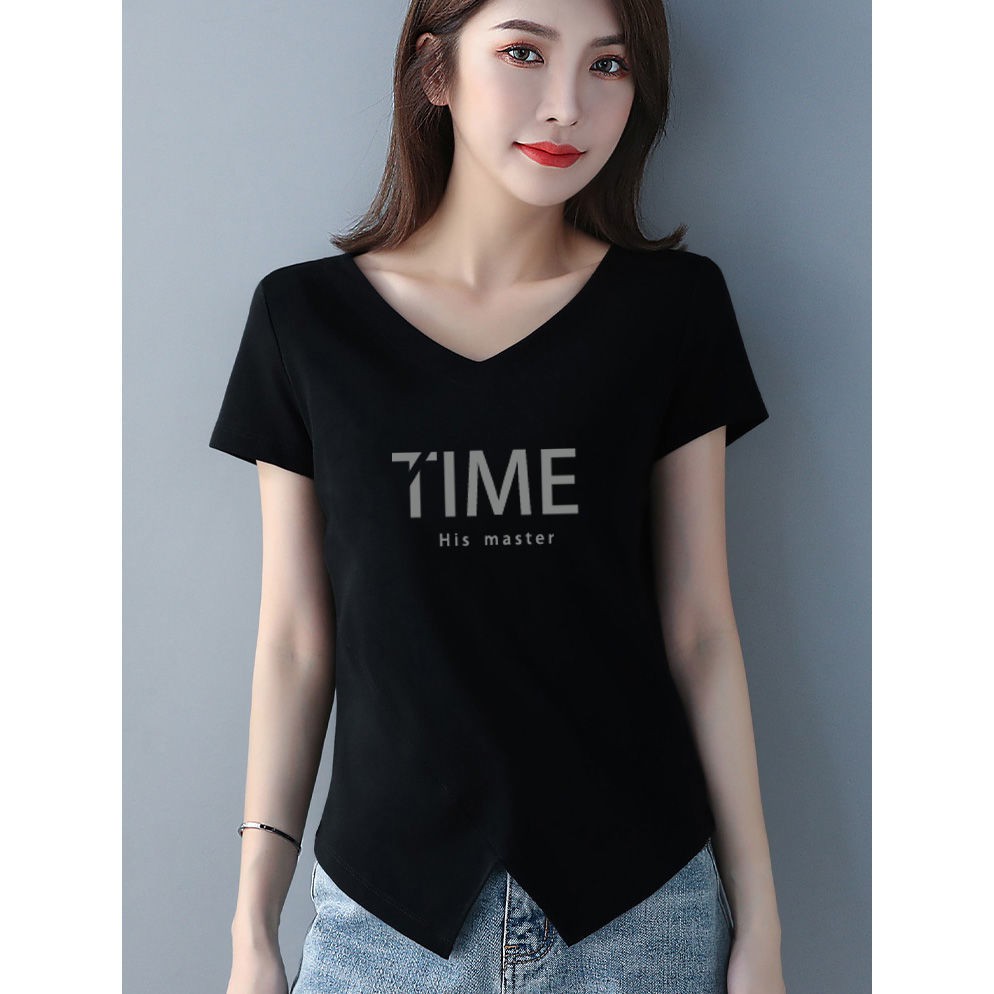 ❅◎95% cotton tim V Cổ áo Mùa hè năm 2021 phong cách mới viền ngược hình chữ tính khí phương tây thời trang thun