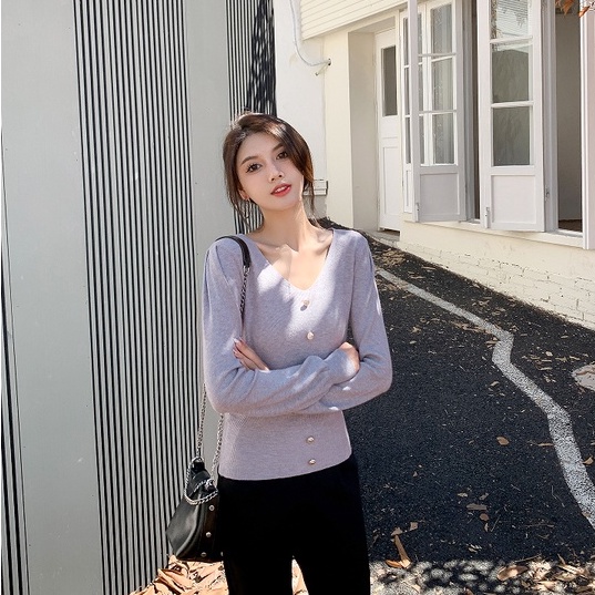 【ZHELIHANGFEI】Áo Dệt Kim Tay Dài Cổ Chữ V Dáng Ôm Dễ Phối Đồ