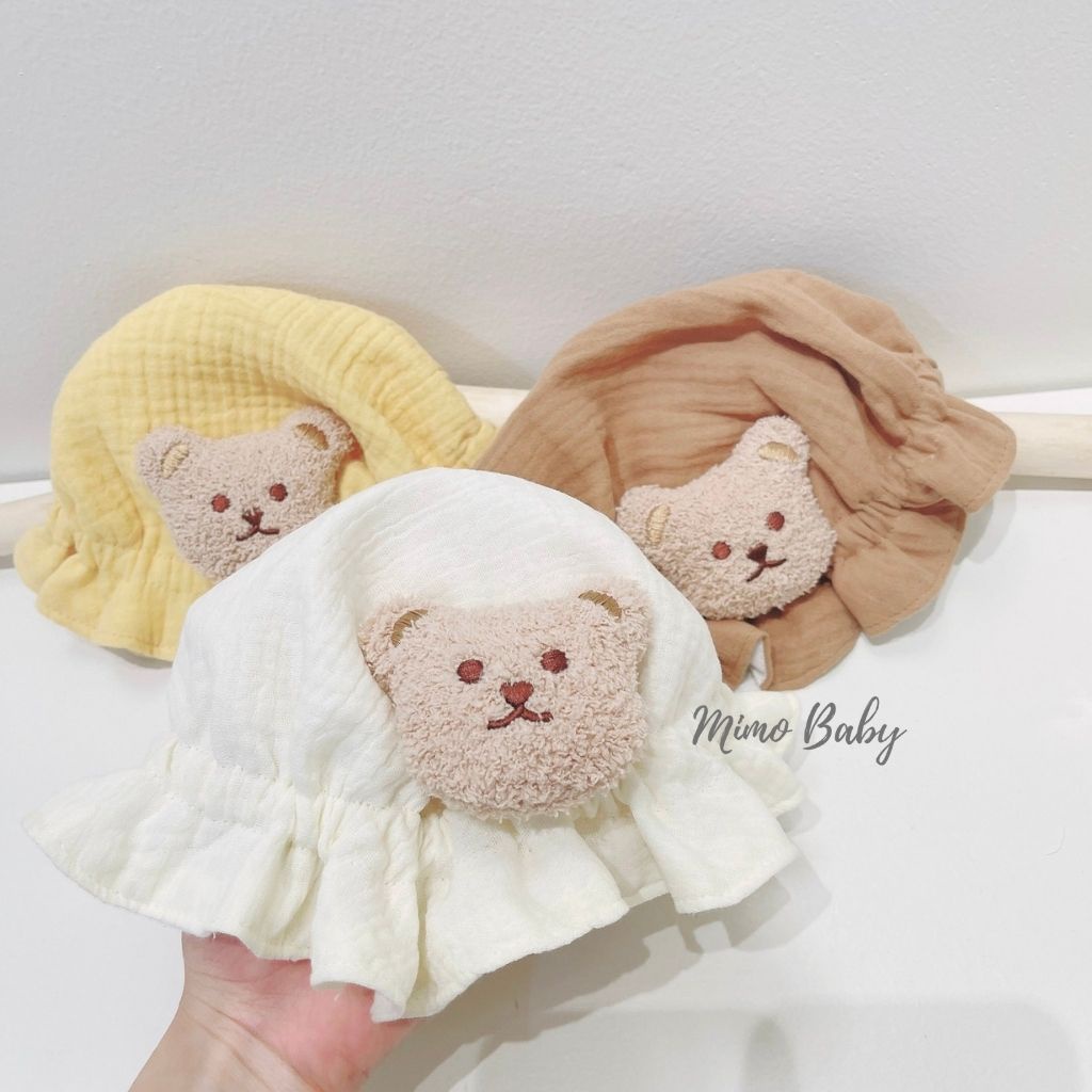 Mũ tai bèo vải xô muslin đính cây nấm, gấu xù siêu đáng yêu cho bé MH139 Mimo Baby