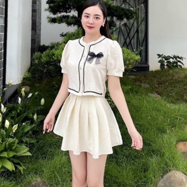Set áo nơ cổ tròn mix chân váy xoè siêu xinh