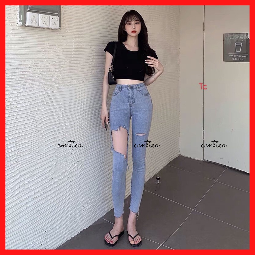 Quần jean nữ lưng cao rách gối co giãn,quần bò nữ dáng ôm chất jeans đẹp phong cách hàn