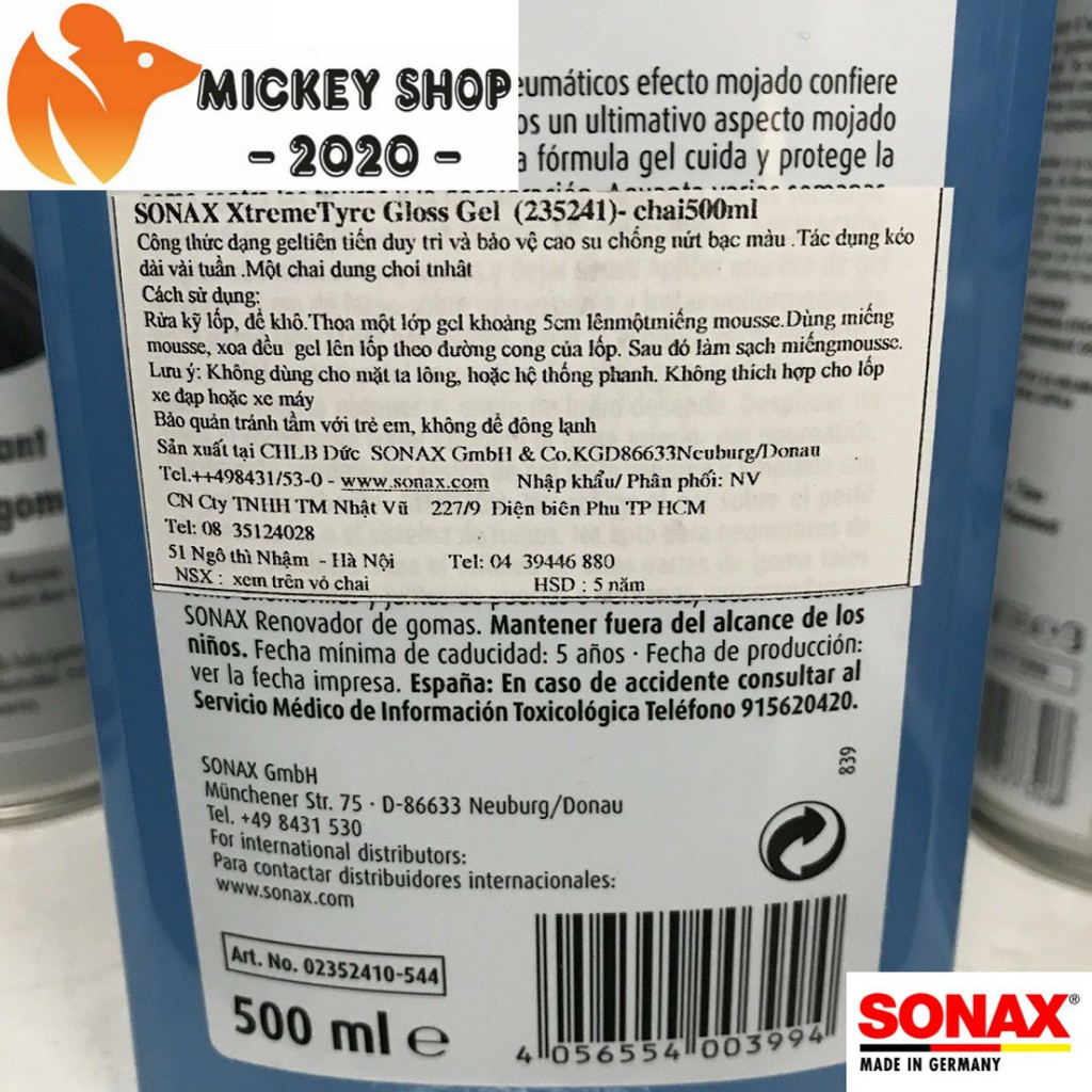 [ CAO CẤP ] Gel Làm Bóng Và Bảo Vệ Vỏ Lốp SONAX Tyre Gloss Gel 235241 500ml - CHÍNH HÃNG