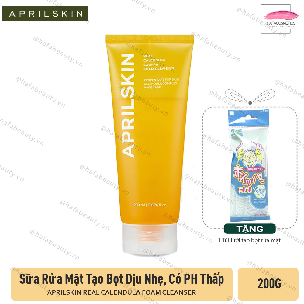 Sữa Rửa Mặt Tạo Bọt Dịu Nhẹ, Dưỡng Ẩm, Có pH Thấp APRILSKIN Real Calendula Foam Cleanser 200g + Tặng 1 túi lưới rửa mặt