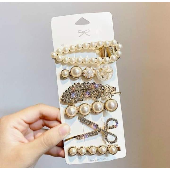 SET 6 CHI TIẾT KẸP TÓC MÁI CHO NỮ ĐÍNH HẠT CHÂU NHÂN TẠO PHONG CÁCH
