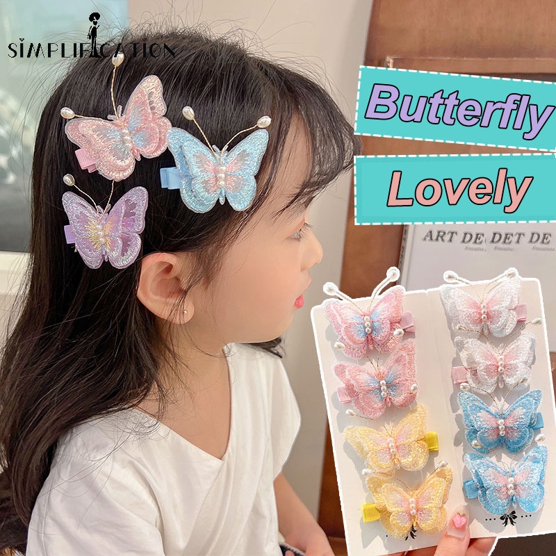 Kẹp Tóc Lưới Thêu Hình Bướm Hai Lớp Đính Ngọc Trai / Bướm Màu Gradient Thanh Lịch