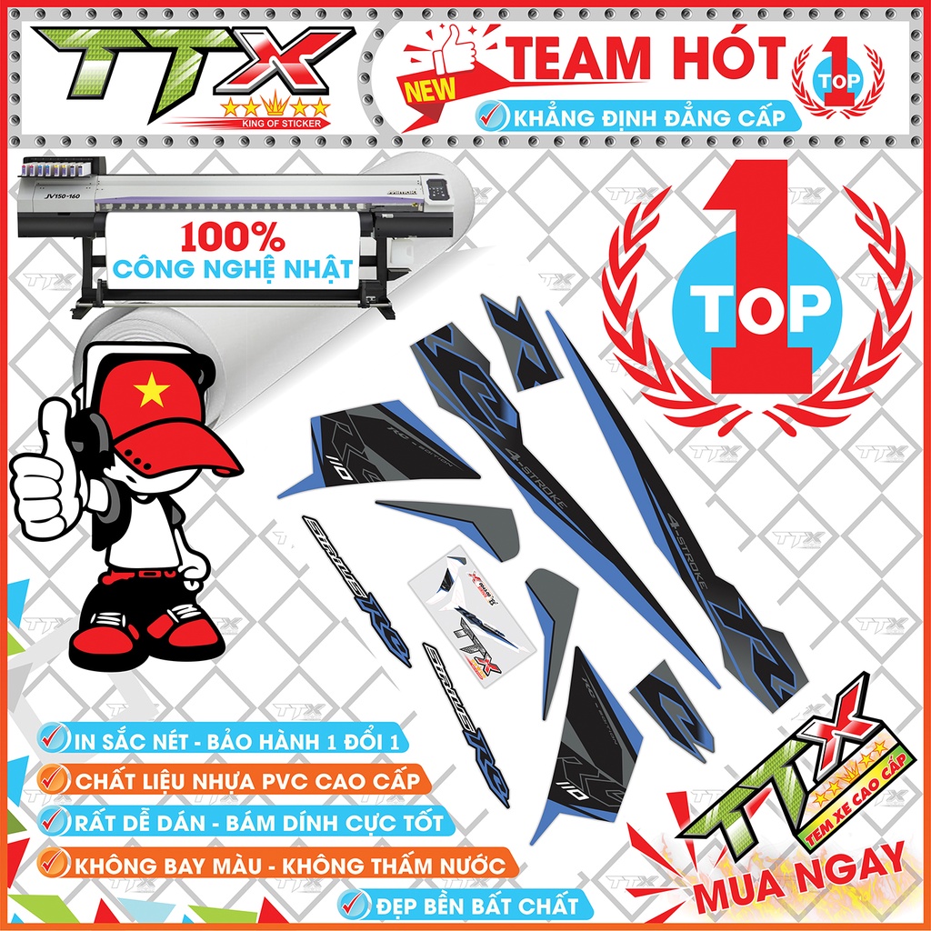 Team sirius siêu đẹp chuẩn khung tự dán rất dễ , Tem xe sirius đen RC cao cấp , Team dán xe sirius xanh đen