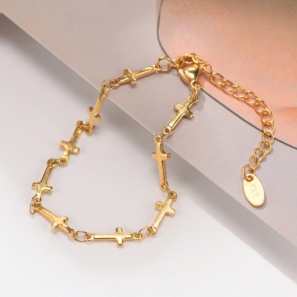 Vnox Vòng Đeo Tay Bằng Thép Không Gỉ Hình Thánh Giá Màu Vàng Kim Cho Nữ