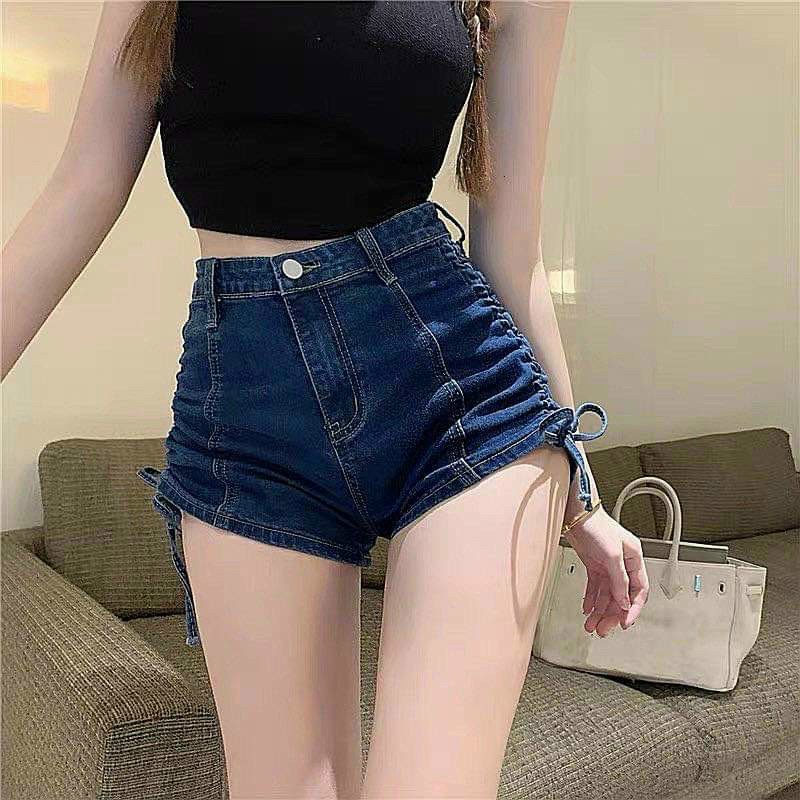 Quần shorts jean trơn kiểu rút dây 2 bên cực xinh , chất jean dày dặn ( ảnh thật )