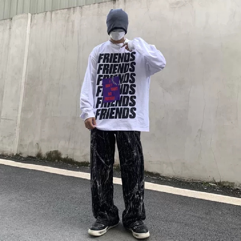 Áo thun tay dài dáng rộng in chữ phong cách Hàn Quốc thời trang cho nam size M-5XL