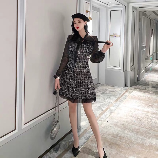 M-4XL Đầm dạ tweed dự tiệc nhũ bling lấp lánh sang chảnh