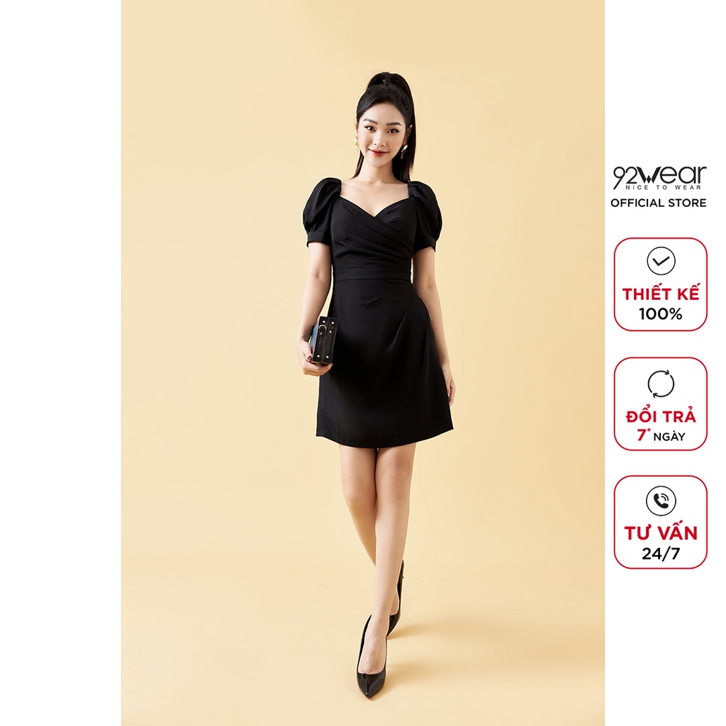 Váy xòe tay bồng 92WEAR, xếp ly thân trước thanh lịch, trẻ trung DEA1676