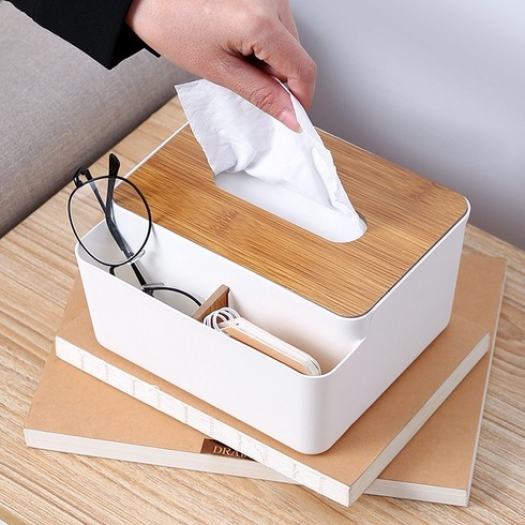 Hộp Đựng Giấy Ăn Lắp vân Gỗ Có Ngăn Để Đồ Tiện Lợi