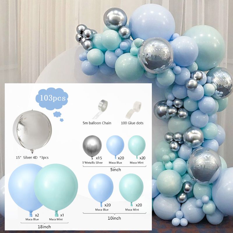 BTF Macaron Blue Mint Pastel Balloons Garland Arch Set 103pcs Ribbon DIY Birthday