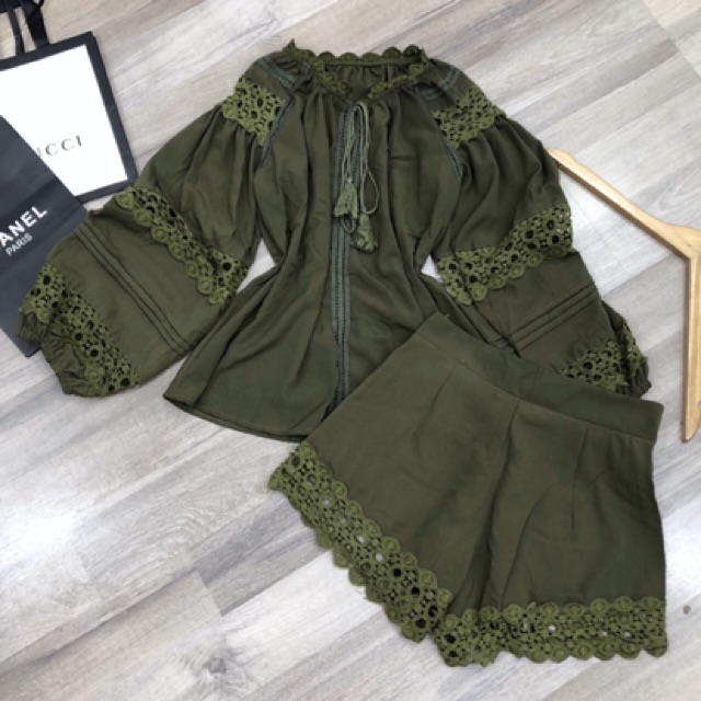 Váy đầm nữ💕FREESHIP💕 Set áo babydol cổ V phối ren và quần short phong cách bohemian