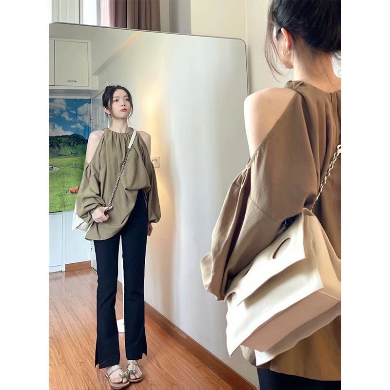 ÁO KHOÉT VAI DÀI TAY MÀU NÂU DÁNG RỘNG TIỂU THƯ