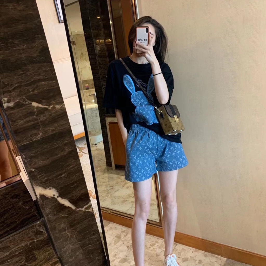 Set áo thun ngắn tay + quần short lưng thun ống rộng thời trang mùa hè Hàn Quốc có lẻ áo