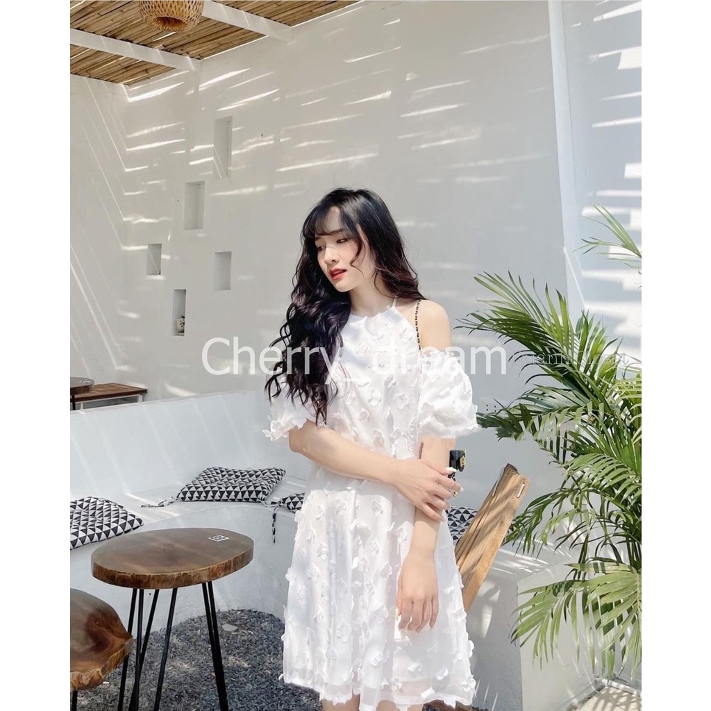 Váy yếm họa tiết hoa, váy trễ vai trắng phong cách tiểu thư hàn quốc
