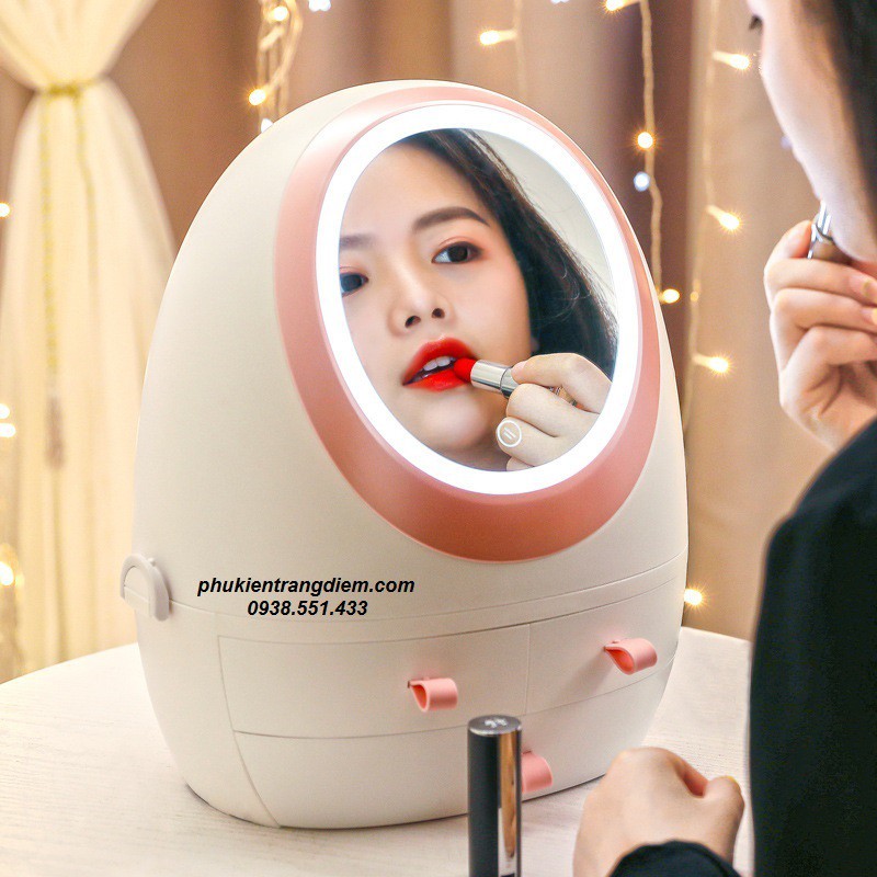 Kệ Tủ Trang Điểm Có Gương Đèn LED Mini Để Bàn Cao Cấp