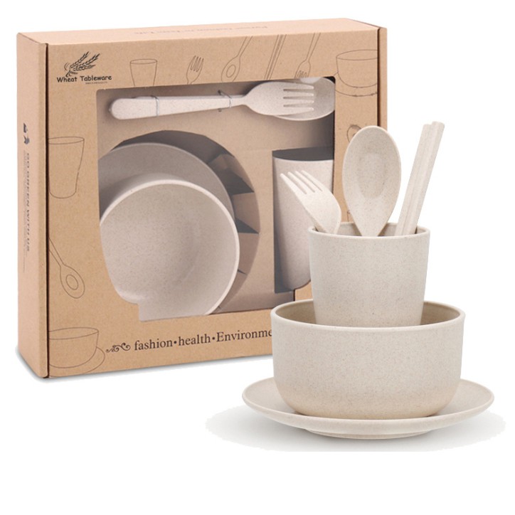 Hộp bát đĩa thìa đũa cá nhân 6 món lúa mì LM02 tặng 01 miếng xơ mướp rửa bát