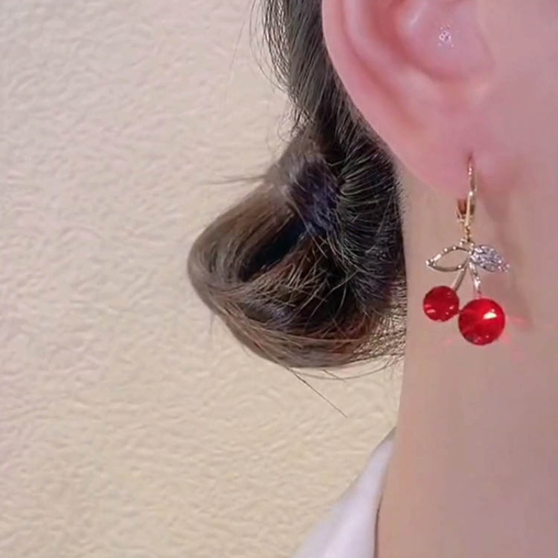 Bông Tai Mạ Bạc 925 Hình Quả Cherry Đỏ Đính Pha Lê Phong Cách Hàn Quốc