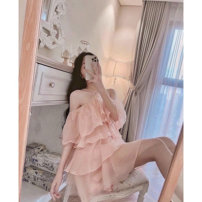 ĐẦM VOAN NUDE CỔ YẾM RỚT VAI TẦNG 💕