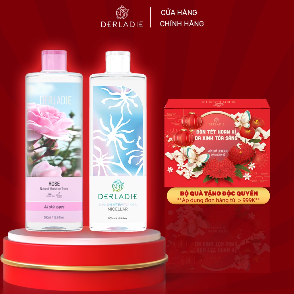 Combo Làm Sạch Cấp Ẩm Nước tẩy trang Derladie Cleansing Water Witch Hazel, Toner Derladie Rose Natural Moisture Toner