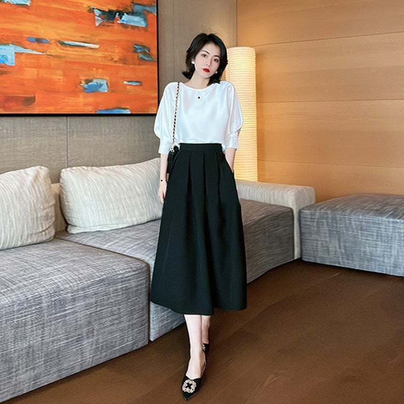 Set Công Sở Lyn39, Áo Lụa Trượt Thái , Chân váy midi dài dáng xoè nhẹ cạp khóa xẻ sau
