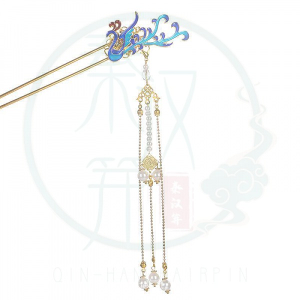 Kẹp tóc hình chim công xanh dương phối tua rua kiểu cổ điển phong cách Trung Hoa