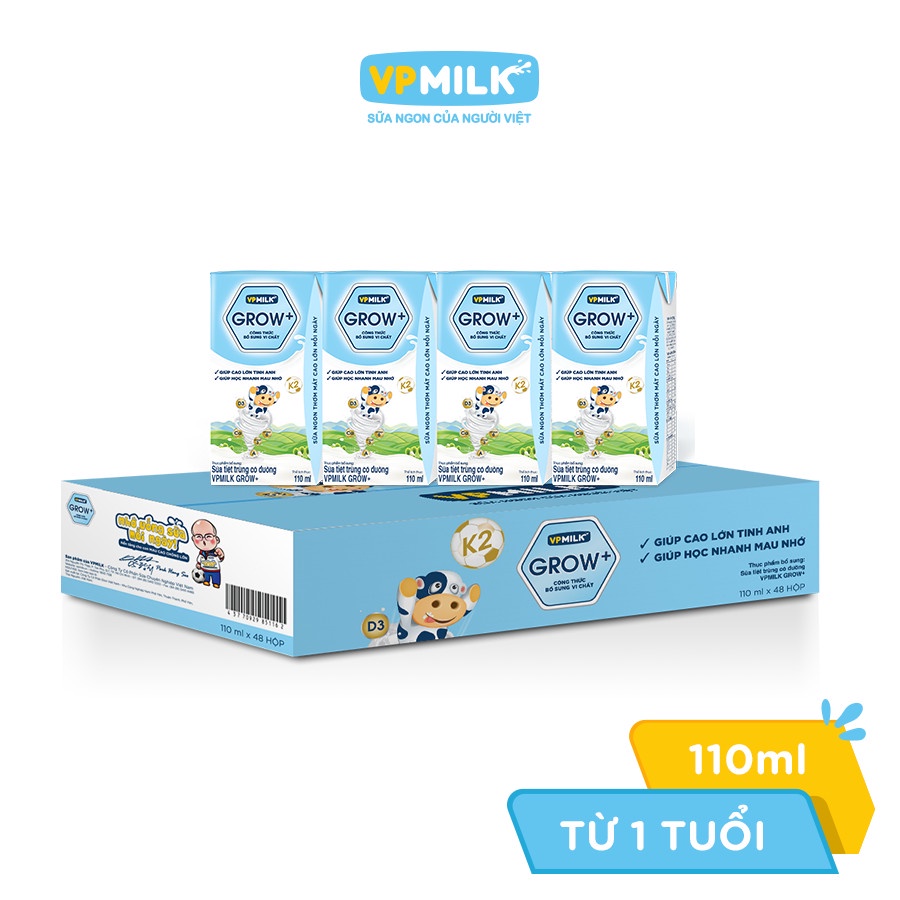 Sữa tươi tiệt trùng VPMilk Grow + 110ml - Thùng 48 hộp