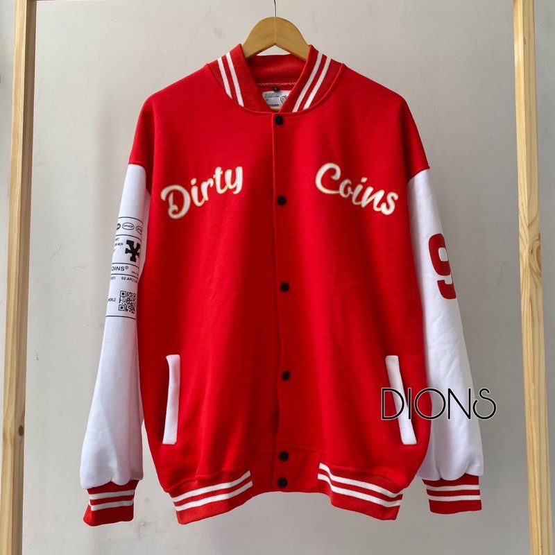 Áo Khoác DirtyCoins Embroidered Varsity Jacket Red - Áo Khoác Nỉ Bomber Unisex