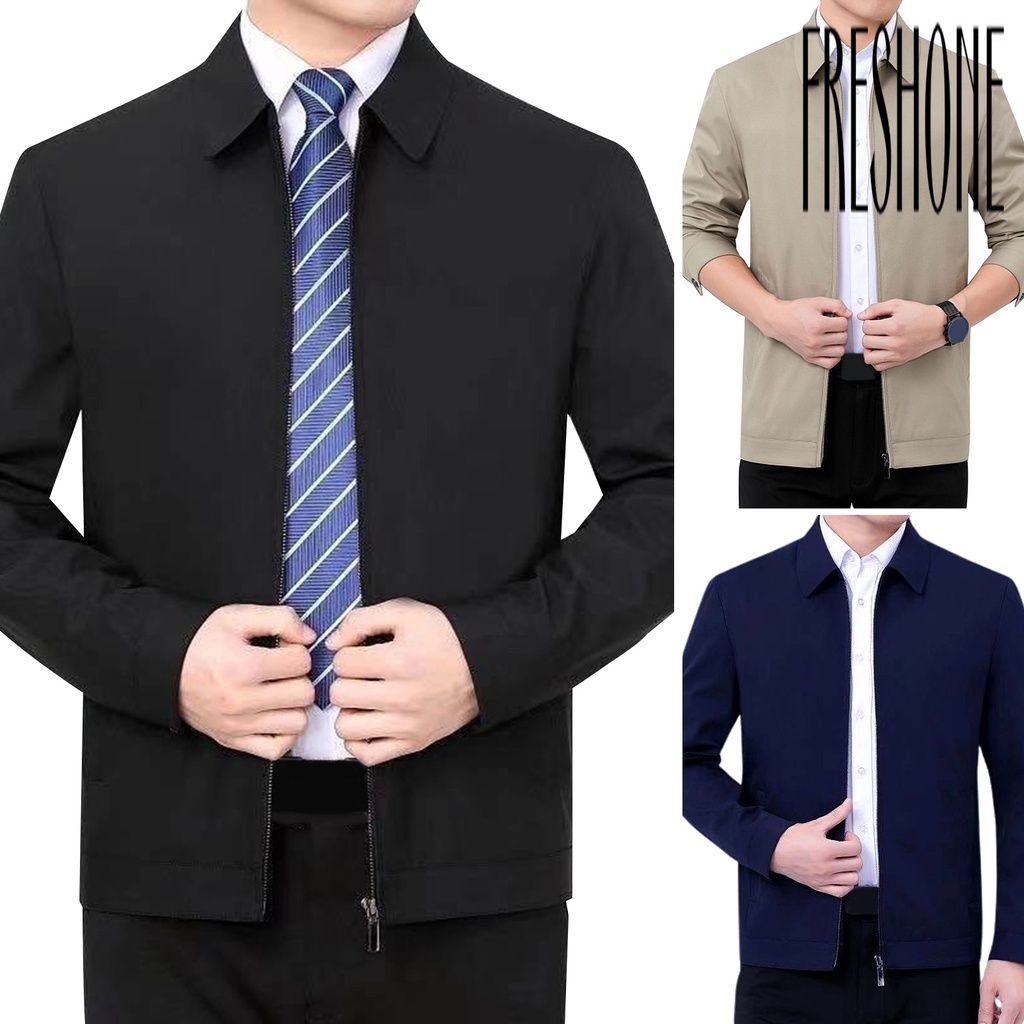 Fh Áo Khoác Tay Dài Cổ Bẻ Màu Trơn Phối Khóa Kéo Thời Trang Đường Phố Cho Nam Trung Niên