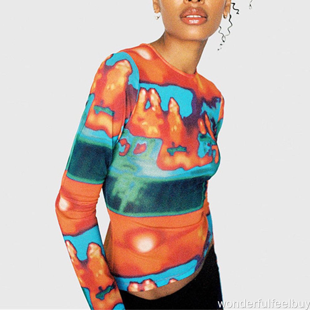 Áo croptop tay dài in họa tiết màu sắc 95% polyester 5% spandex đơn giản thời trang mùa thu cho nữ | BigBuy360 - bigbuy360.vn