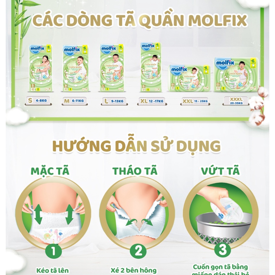 Tã/bỉm quần Molfix Thiên nhiên size XXXL24+6 Bông Organic tự nhiên cho bé trên 17kg
