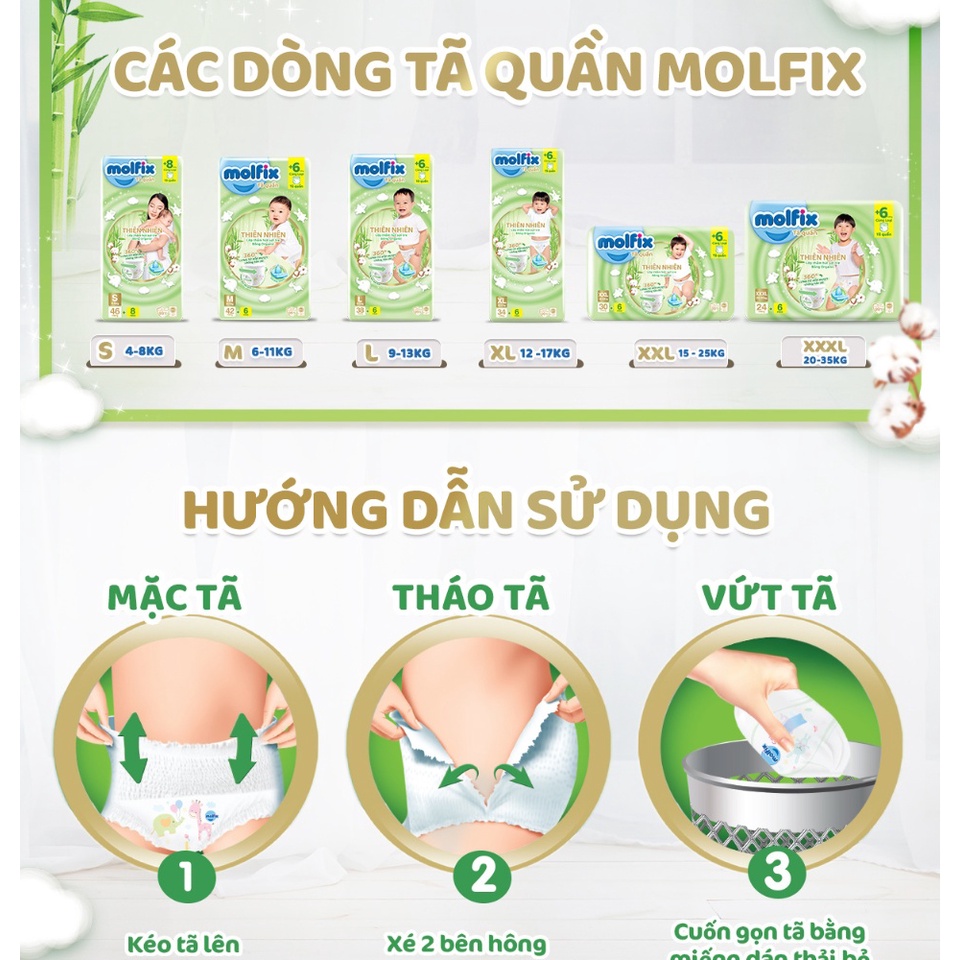 [Freeship+Hoàn Xu] Tã/bỉm Molfix quần thiên nhiên an toàn bông Organic tự nhiên XXXL24 +6 ( 20kg - 35kg )