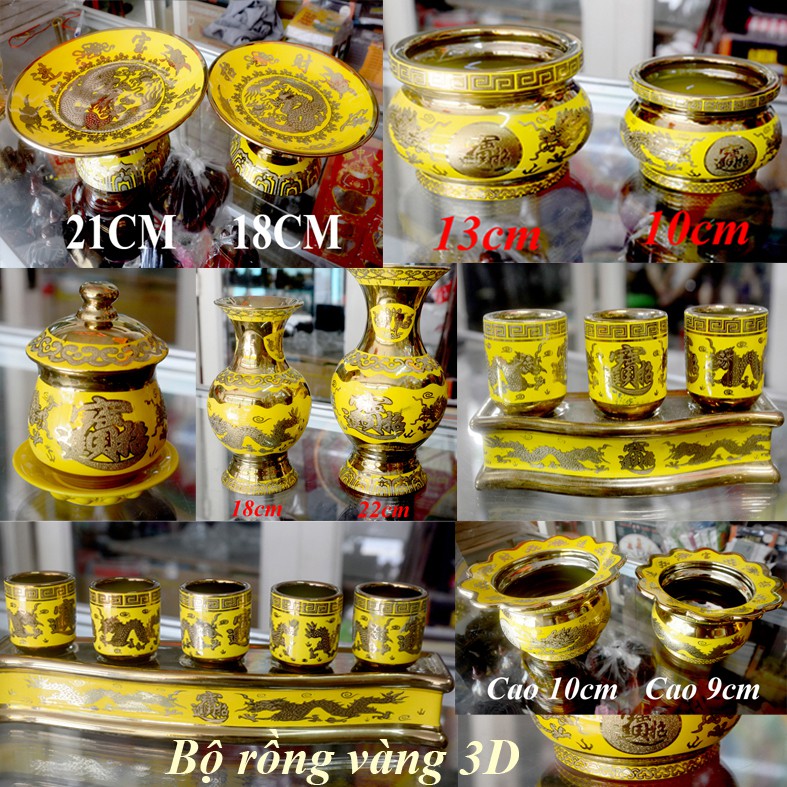 Lư hương thờ cúng rồng vàng 3D-có khay hứng tàn nhang
