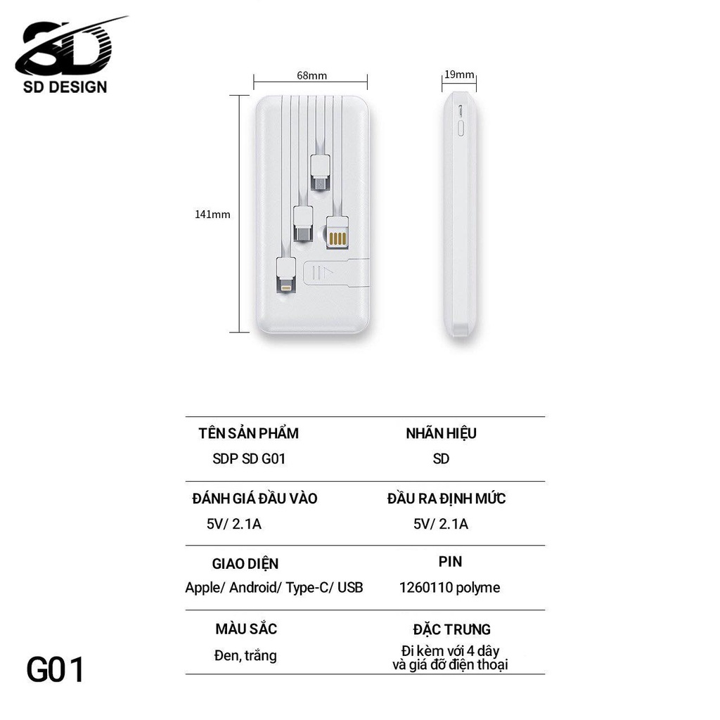 [Gắn Kèm Cáp] Pin sạc dự phòng G01 SD Design 10,000 mAh kèm 3 cáp sạc cho hầu hết điện thoại, kèm đèn led