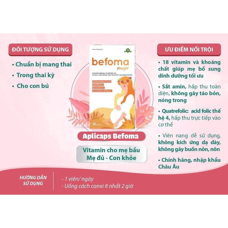 Aplicaps befoma mujer Sắt bầu Viên sắt cho bà bầu Canxi cho bà bầu Vitamin sau sinh Canxi bầu Hộp 30 Viên