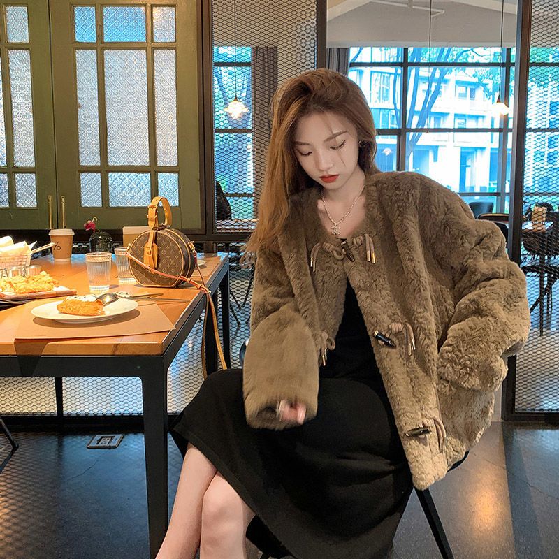 Áo Khoác Lông Cừu Giả Dày Dặn Cổ Tròn Thời Trang Thu Đông 2022 Cho Nữ