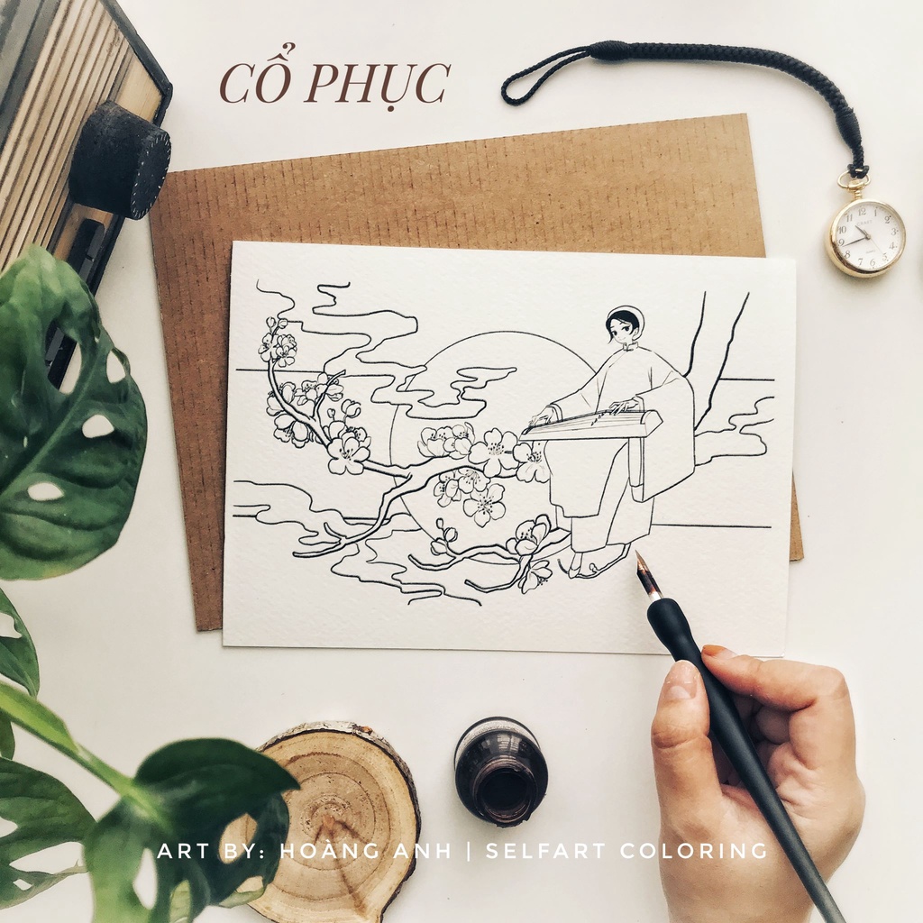 [rysearthub]Tranh tô màu lineart &quot;Cổ phục Việt Nam&quot; bởi Hoàng Anh - Self Art Cold Press 300gsm