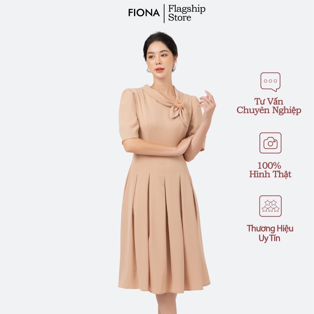 Đầm nữ dáng xòe, đầm thiết kế lá cổ lệch cài hoa tay và tùng xếp ly FIONA F451365
